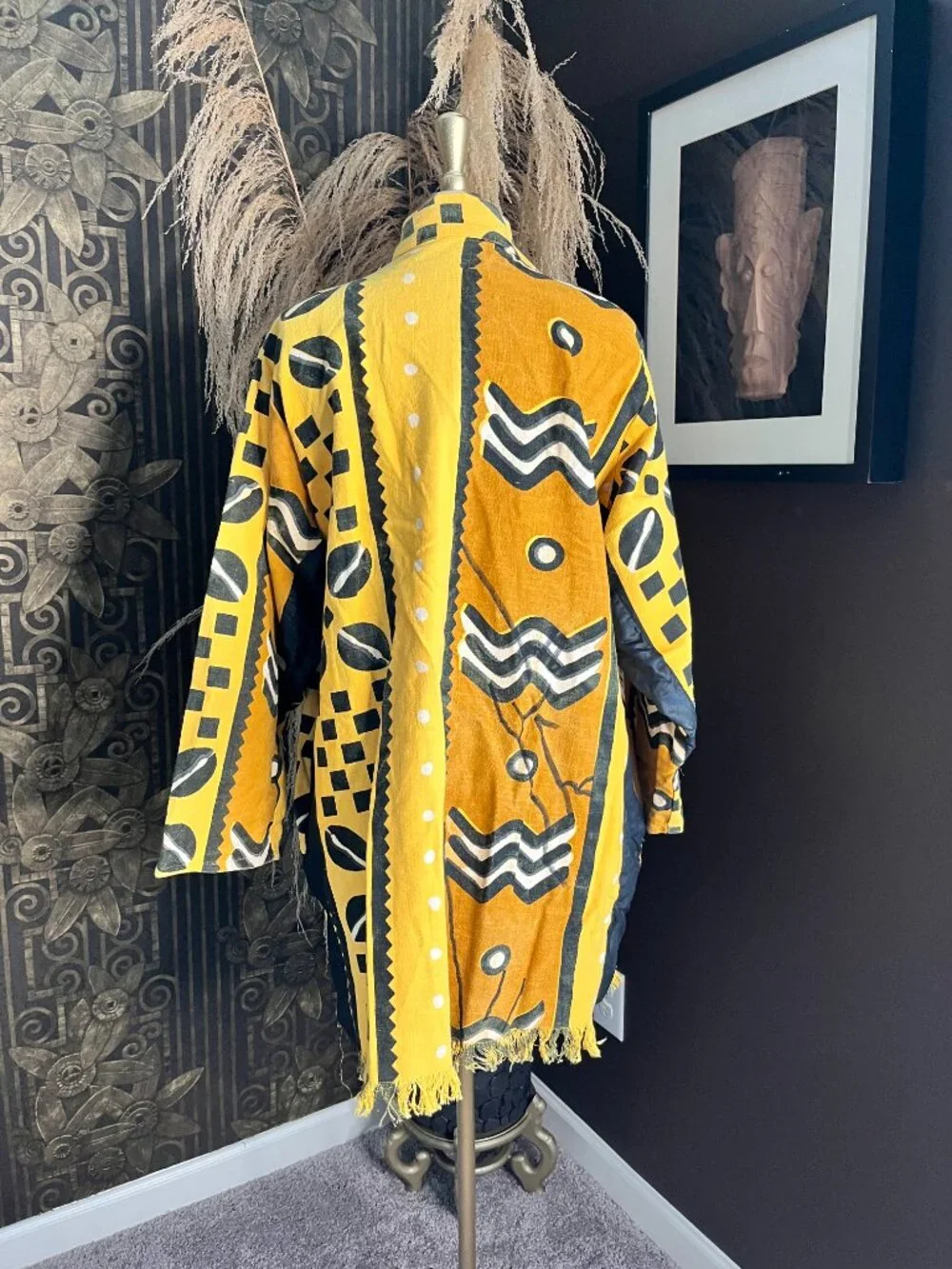 yellow and black geometric patterned African mud cloth kimono jacket - Picture 2 of 6